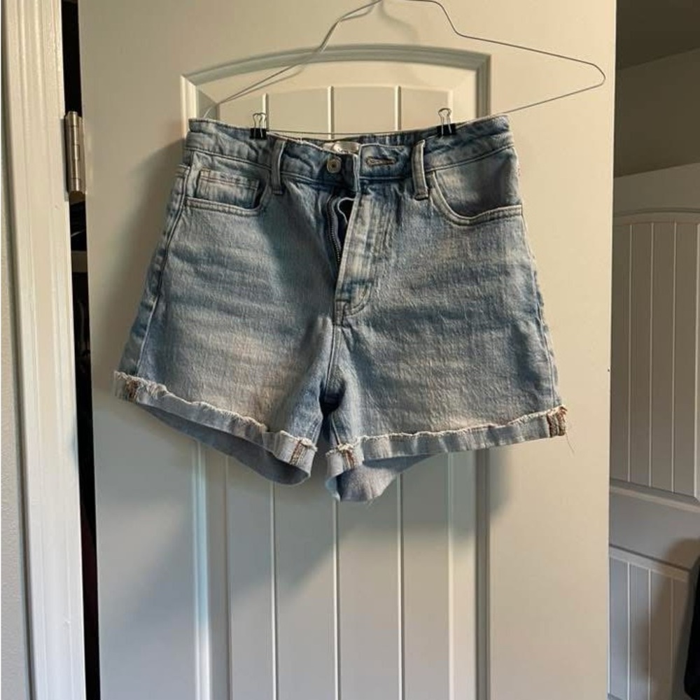Blue Jean Shorts with Distressed Hem